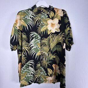 Tommy Bahama Mens Silk Hawaiian Shirt XL Black Floral Short Sleeve Button-Up